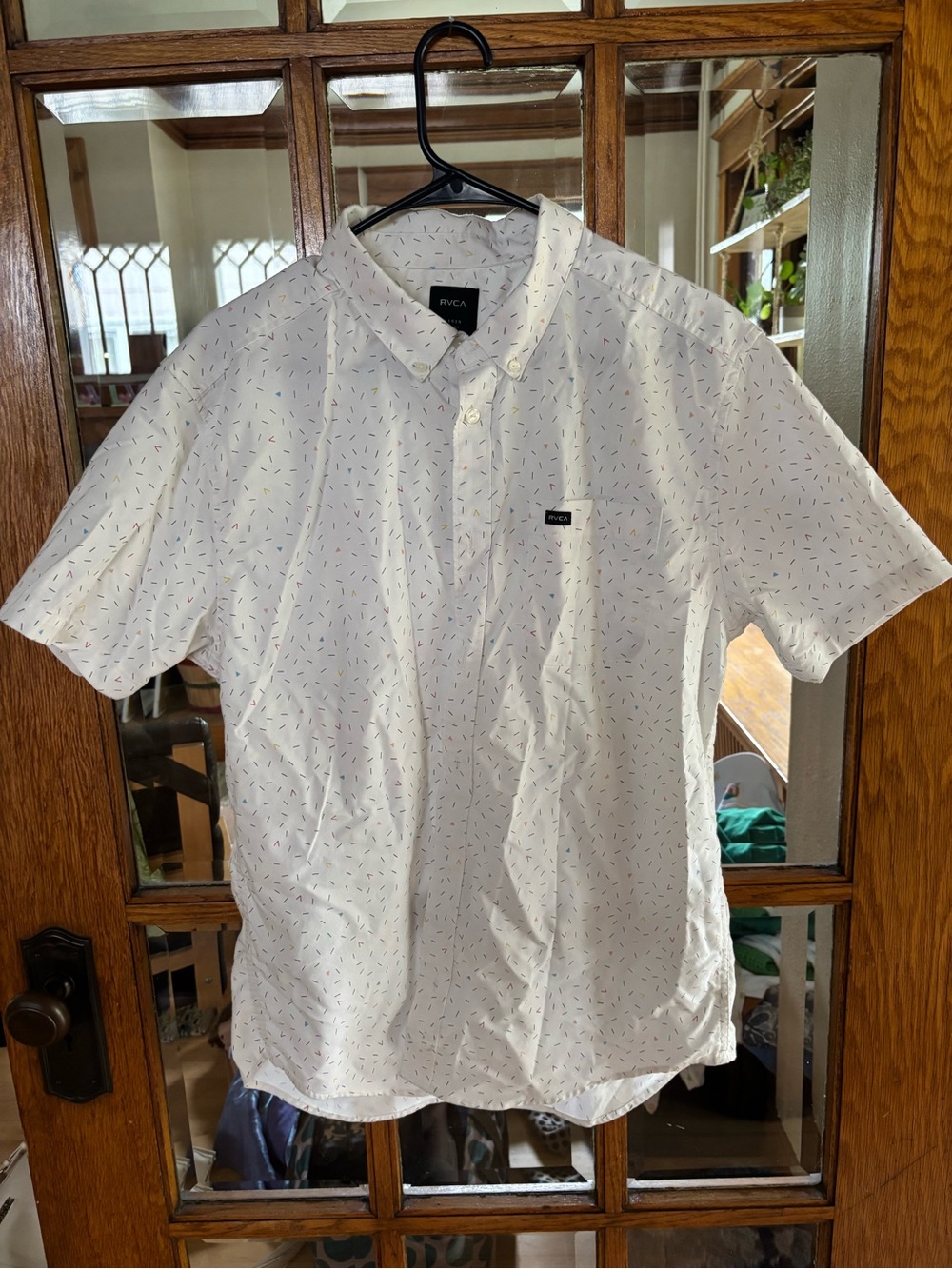 RVCA White Short-Sleeve Button-Down Shirt with Tiny Multi-Color Micro Print